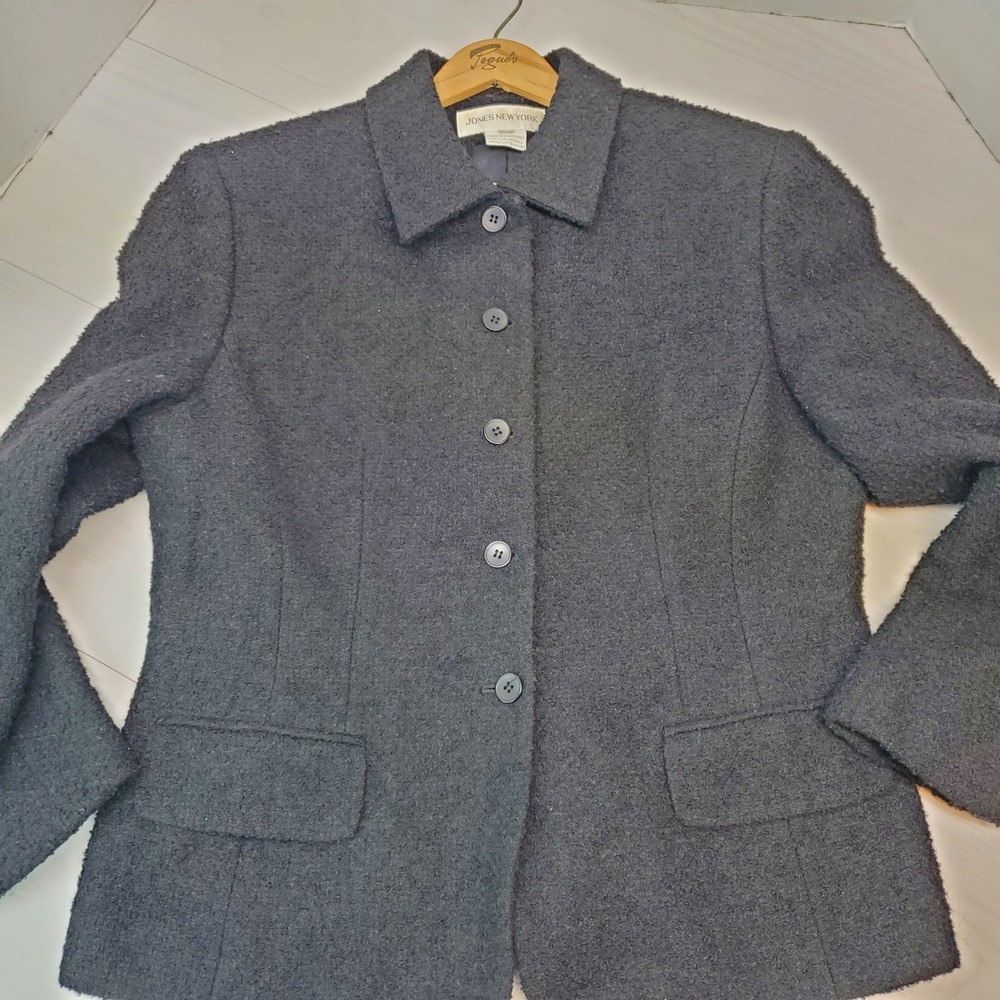 Jones New York Gray Boucle Button Front Blazer Jacket Womens 14 Whimsigoth 90s